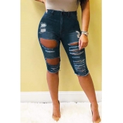 Lovely Casual Broken Holes Blue Shorts