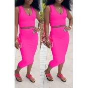Lovely Casual V Neck Sleeveless Rose Red Two-piece