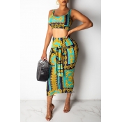 Lovely Trendy U Neck Printed Two-piece Skirt Set