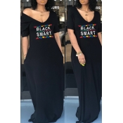 Lovely Casual V Neck Letter Printed Black Floor Le