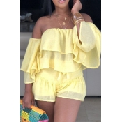 Lovely Sweet Off The Shoulder Ruffle Design Yellow