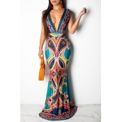 Lovely Sexy Deep V Neck Printed Green Floor Length