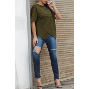 Lovely [Presale]Casual O Neck Asymmetrical Army Gr