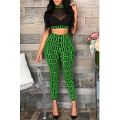 Lovely Casual O Neck Printed See-through Green Two