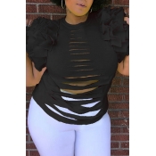 Lovely Casual Broken Holes Black T-shirt