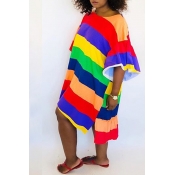 Lovely Casual O Neck Multicolor Striped Knee Lengt