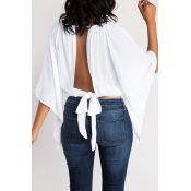LW Casual O Neck Hollow-out Lace-up White Blouse