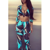 Lovely Casual V Neck Printed Blue Two-piece Pants 