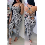 Lovely Sexy Printed Lace-up Hollow-out Black-white