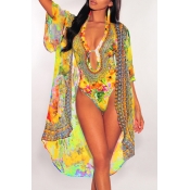 Lovely Halter Neck Printed Hollow-out Yellow One-p