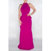 Lovely Elegant Halter Neck Rose Red Floor Length D