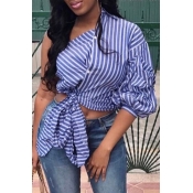 Lovely Casual One Shoulder Striped Blue Blouse