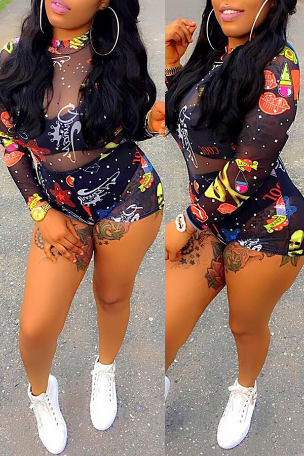 Lovely Sexy Printed See-through Black One-piece Romper