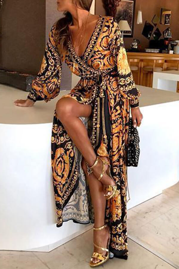 Lovely Vintage V Neck Printed Yellow Floor Length Prom Dress