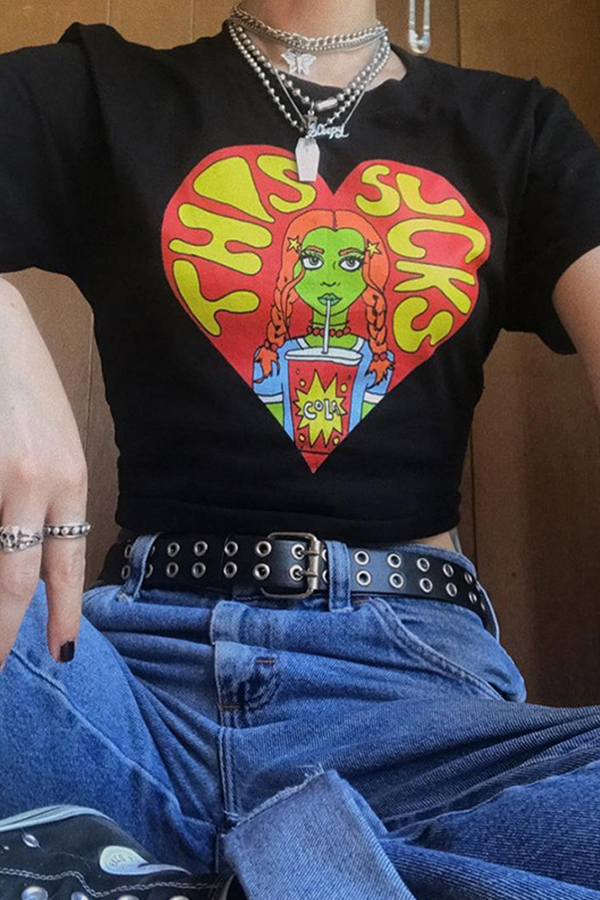 Lovely Leisure O Neck Heart-shaped Printed Black T-shirt