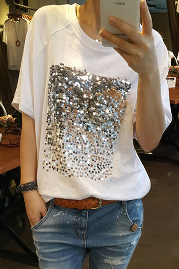 Lovely Casual O Neck Sequins Decoration White T-shirt