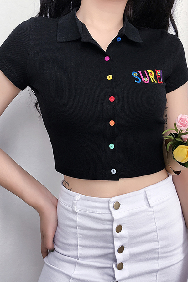 Lovely Casual V Neck Buttons Design Black Blouse