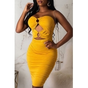 Lovely Sexy Off The Shoulder Hollow-out Yellow Kne