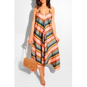 Lovely Casual V Neck Striped Backless Multicolor M