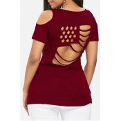 Lovely Casual O Neck Hollow-out Wine Red T-shirt