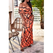 Lovely Casual Off The Shoulder Printed Orange Ankl