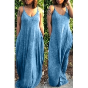 Lovely Casual V Neck Blue Floor Length Dress