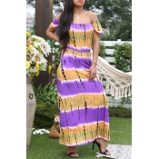 Lovely Bohemian Off The Shoulder Printed Purple Fl