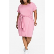 Lovely Casual O Neck Bandage Pink Cotton Knee Leng