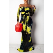 Lovely Casual Off The Shoulder Tie-dye Yellow Floo