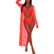 Lovely Lace-up Hollow-out Jacinth Two-piece Swimwe