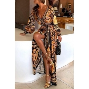 Lovely Vintage V Neck Printed Yellow Floor Length 