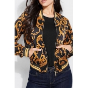 Lovely Casual O Neck Printed Patchwork Black Jacke