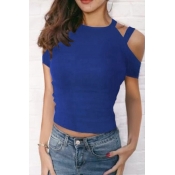 Lovely Casual O Neck Hollow-out Blue T-shirt