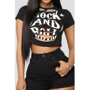 Lovely Casual Letter Printed Hollow-out Black T-sh
