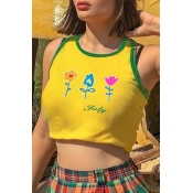 Lovely Casual Floral Printed Yellow Tank Top