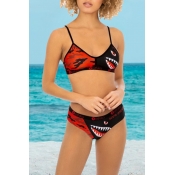 Lovely Spaghetti Straps Printed Red Two-piece Swim