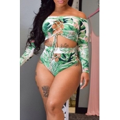 Lovely Printed Hollow-out Green Two-piece Swimwear