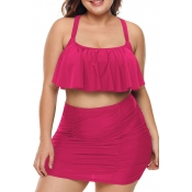 Lovely Ruffle Design Red Plus Size Two-piece Swimw