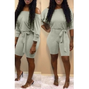 Lovely Casual Off The Shoulder Lace-up Grey One-pi