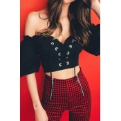Lovely Casual Off The Shoulder Lace-up Black Blous