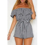 Lovely Casual Off The Shoulder Plaid Black-white O