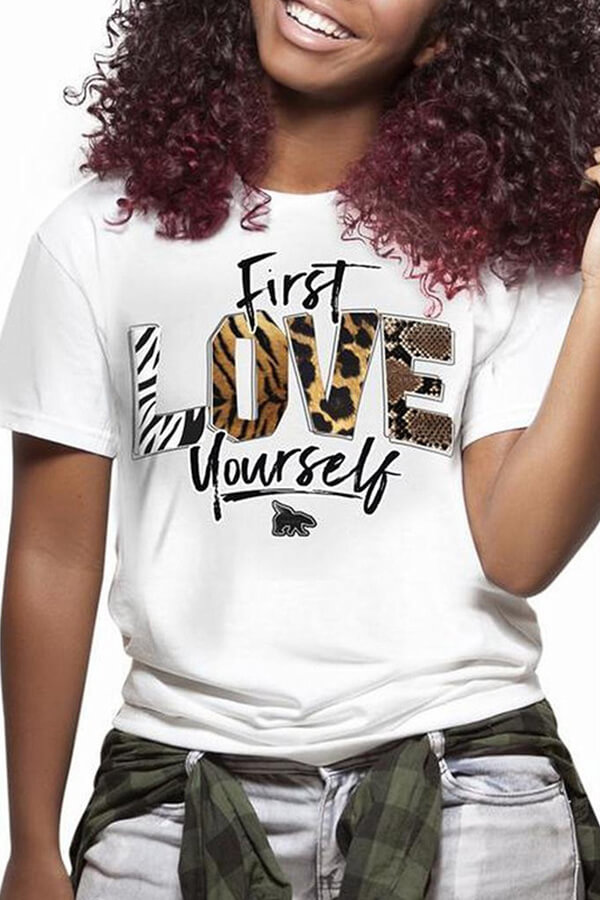 LW BASICS Casual O Neck Letter Printed White T-shirt