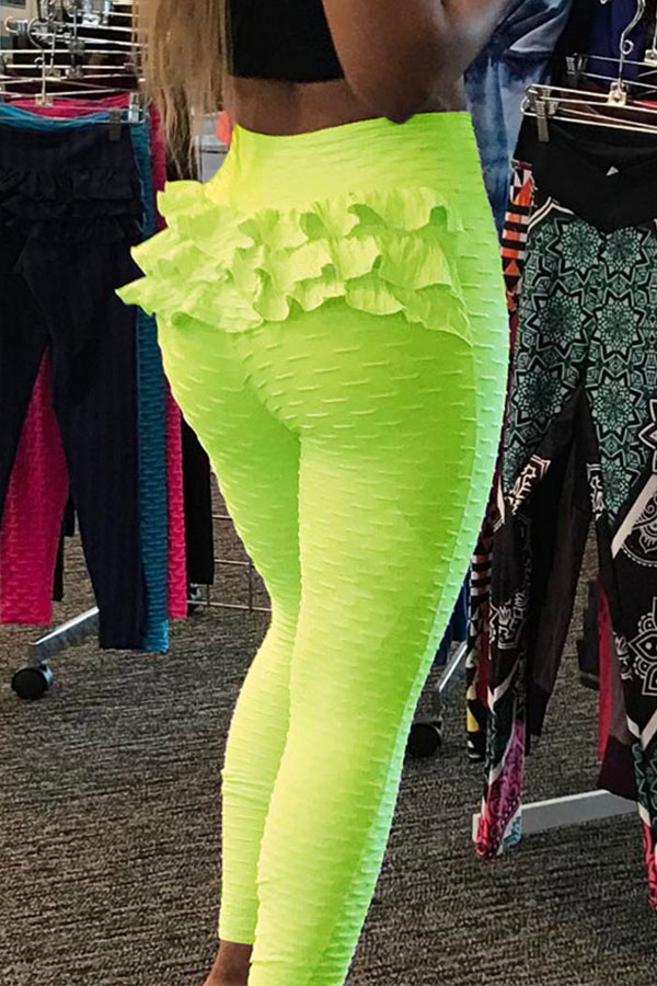 Lovely Casual High Waist Ruffle Patchwork Yellow Leggings