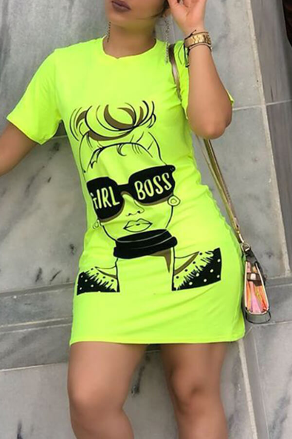 LW Casual Straight Print Green Mini T-shirt Dress