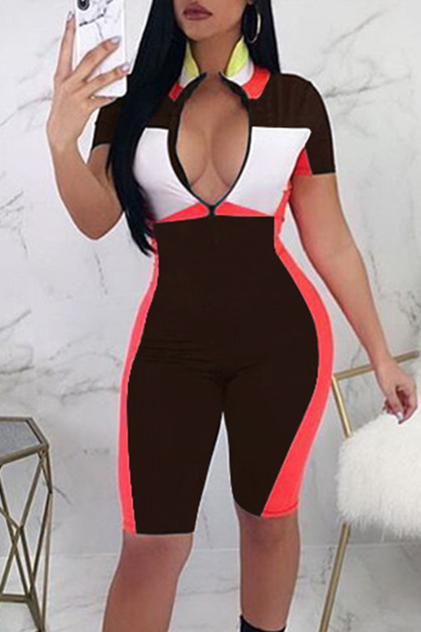 Lovely Casual V Neck Patchwork Brown One-piece Romper