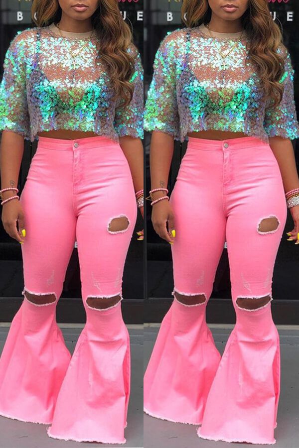 LW Casual Mid Waist Broken Holes Pink Pants