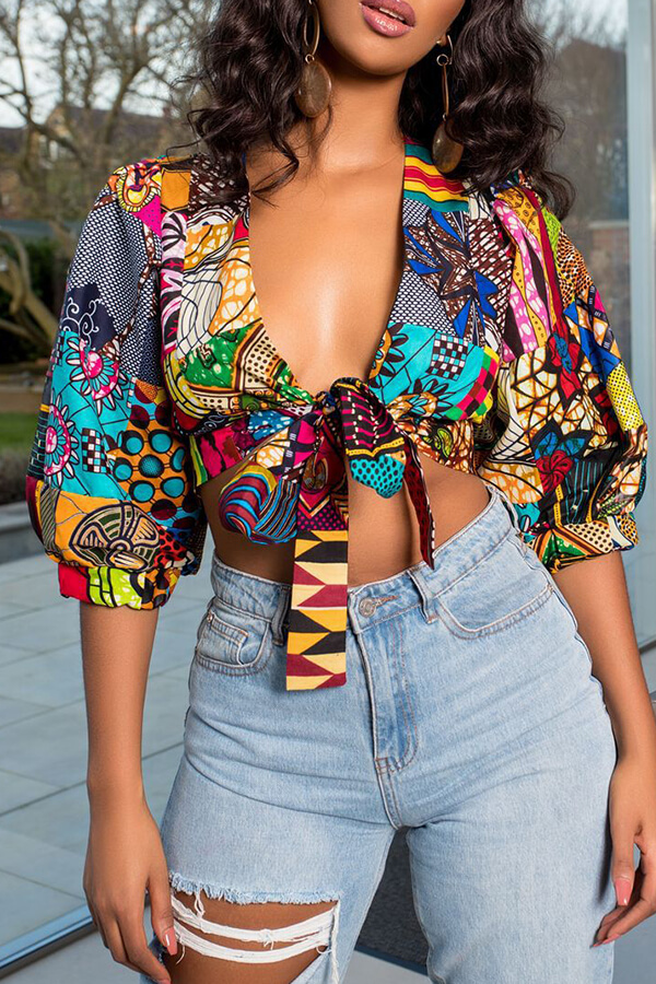 Lovely Casual V Neck Printed Multicolor Blouse