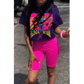 Lovely Casual O Neck Printed Purple Two-piece Shor