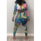 Lovely Casual V Neck Printed Blue Two-piece Pants 