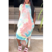 Lovely Casual O Neck Tie-dye Light Pink Ankle Leng